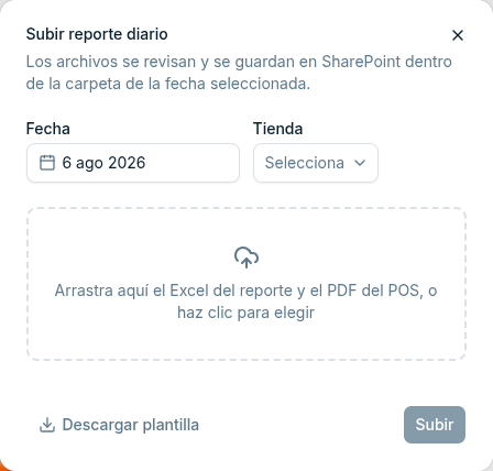 El diálogo de subida: fecha, tienda y el recuadro para arrastrar los archivos